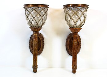 Pair Of Mid Century Modern Glass & Composite Wall Sconces