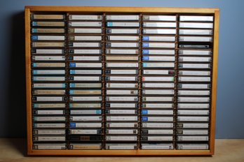 Wood Case Holding 100 Cassette Tapes - Lot Ten