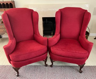 Pair Of Queen Anne Style Wing Back Armchairs In Red Cotton Blend Upholstery - Maybe Ethan Allen