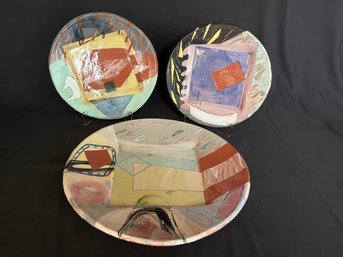 3PC Lot Of 1980s Postmodern Signed  Hand Crafted Pottery Wall Art Plates - Signed & Dated