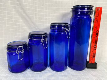 Set Of 4 Colbalt Blue Glass Storage Conisters Beautiful Set 6' To 12' No Chips