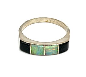 Vintage Sterling Silver Onyx And Opal Colors Inlay Ring, Size 4.9