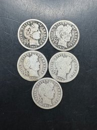 5 Barber Silver Dimes 1911, 1912, 1913, 1914, 1916