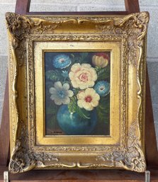 Small Signed J. Martin Floral Still Life Oil On Canvas In Ornate Gilt Frame