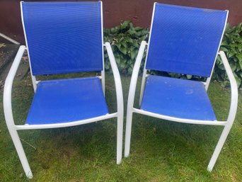 White Tubular Outdoor Chairs With Blue Seats