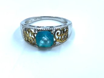 Stamped Dior 925 Sterling Silver Ladies' Ring W/ Aqua Stone - Size 9