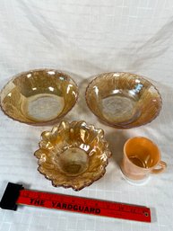 Carnival Glass Bowls Sunflower And Basket Weave Fire King Mug Cup No Chips