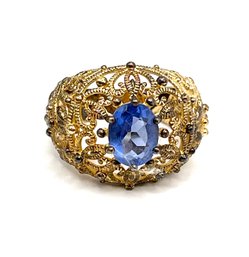 Large Ornate Sterling Silver Vermeil With Blue Stone Ring, Size 7