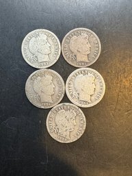 5 Barber Silver Dimes 1901, 1902, 1904, 1906, 1907