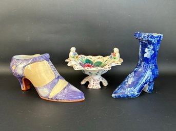 A Selection Of Lovely Ceramics: Vintage Capodimonte Candy Dish & Shoe Planter/Vase