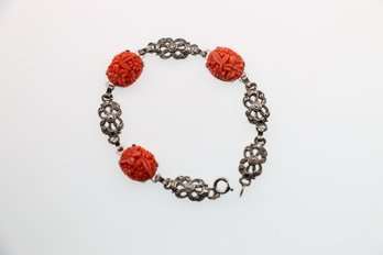 Vintage Sterling Silver Carved Faux Coral Marcasite Bracelet