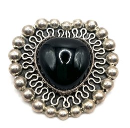Beautiful Vintage Mexican Sterling Silver Onyx Color Heart Shaped Brooch