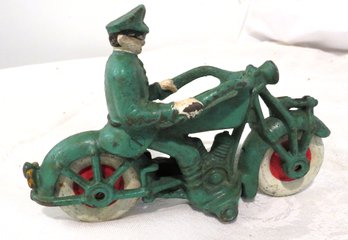 Cast Iron Green Motorcycle Police Patrol Rubber Wheels