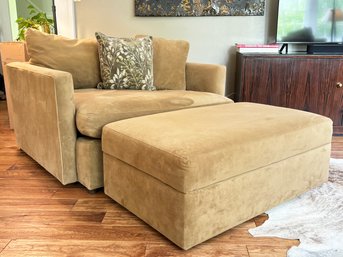 A Large Modern Chair And A Half And Ottoman By Crate & Barrel In Tan Microfiber