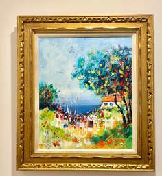 Vibrant Oil On Canvas Beach Scene In Carved Gilt Wood Frame