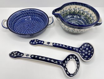 Hand Made Polish Ceramics: Bowl With Spout, Bowl With Handles & Set Salad Servers, Unused