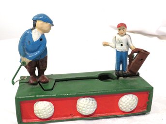 Vintage Cast Iron Golfers Mechanical Bank Golf Balls Base