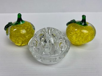 Glass Flower Frog & Two Yellow Glass Apple Paperweights (3)