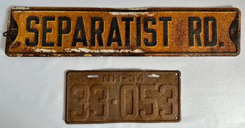 Vintage Collectible Separatist Road Street Sign & New Hampshire Car License Plate