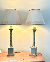 Vintage Hand Painted Table Lamps With Hand Painted Metal Shades