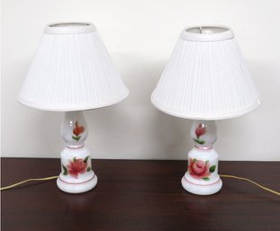 A Pair Of Handpainted Roses On Milk Glass Vanity Or Accent Lamps W/shades