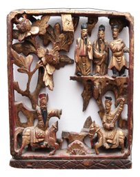 Chinese Hand-Carved Gilt Wood  Story Panel Wall Art Of Elders  Horses And  Tree