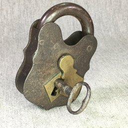 Very Nice Antique Lock From England - One Original Key - DM & CO - Iron With Brass Details - Very Nice Piece