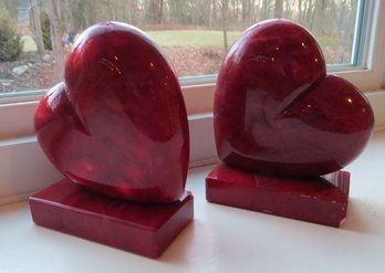 Matching Pair Of Polished Stone Heart Shaped Bookends