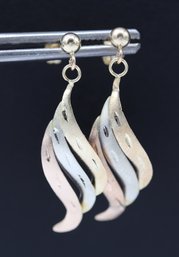 14k Tri Color Gold Wave Style Drop Earrings.