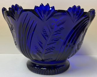 Vintage Ornate Cobalt Blue Pressed Glass Centerpiece Fruit Bowl - 5.5 Inches H X 9 Inches In Diameter - Leaves