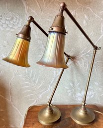 2 Vintage Brass Tone Table Lamps With Iridescent Glass Shades, Adjustable