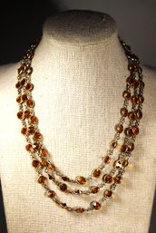 Vintage 1920s To 1940s Era Amber Colored Glass Crystal Multi Strand Necklace