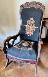 Vintage Carved Wood Cushioned Rocking Chair