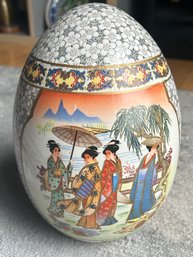 Large Vintage Chinese Hand-painted Porcelain Egg Sculpture- Women Of Means