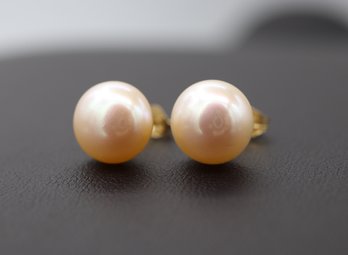 Beautiful Large Pink Pearl Stud Earrings In 14k Yellow Gold