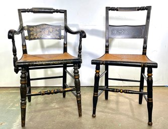 A Pair Of Antique Rush Seated Hitchcock Chairs