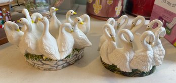 Two Beautiful Vintage Ceramic Eight Swans In A Circle Planters & 10 Geese Same Design