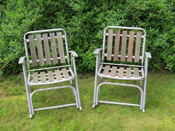Vintage MCM Pair Of Outdoor Folding Redwood And Aluminum Rocking Chairs