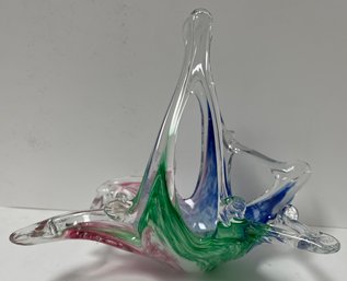 Vintage Murano Free Form Art Glass Basket - Bowl Candy Dish - Multi Color - Italy - 7 Inch H X 7.7 X 5