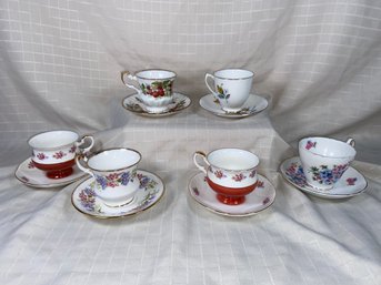 6 Assorted Fancy Botanical English Bone China Tea Cups And Saucers, It's A Tea Party! No Chips