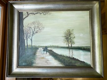 Signed Suzanne 73 Painting Oil On Canvas Italian Wood Frame 22x2x18in Man With Bicycle