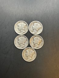 Lot Of 5 Silver Mercury Dimes