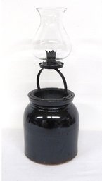 19th C. 2 Qt Black Albany Slip Stoneware Canner Turned Candle Lantern W/Insert