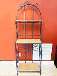 A Vintage Wrought Baker's Rack/Bar With Oak Shelves And Wine Rack Built In