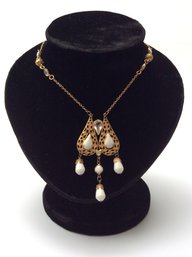 VINTAGE NECKLACE & CLIP ON EARRINGS, WHITE MILK GLASS & CRYSTAL STONES: Gold Tone Chain Victorian Look Jewelry