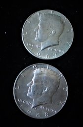 2 U.S. Kennedy Silver Half Dollars, 1967, 1968 D