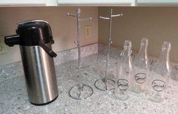 Stainless Pump Coffee Carafe, Stainless Coffee Cup Trees & Advertising Bottles