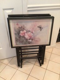 Floral Art TV Tray Set Of 4 With Stand