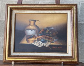 Signed Frank Lean Violin Still Life Framed Oil On Canvas