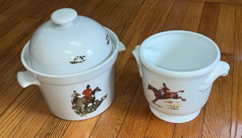 Covered Fox Hunter Ceramic Canister & Open Bowl